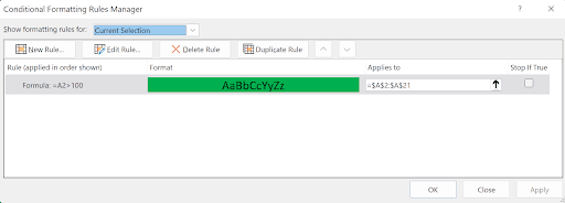 Conditional Formatting Rules Manager dialog showing the active rule and its applied range
