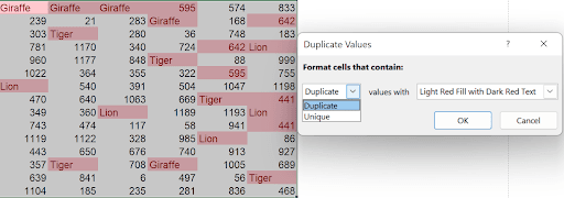 Duplicate Values dialog showing option to switch between highlighting Duplicate or Unique values