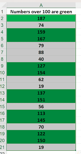 Excel cells with green fill highlighting values greater than 100 using formula-based conditional formatting