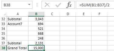 Excel cell showing the simple formula =SUM(B1:B37)/2 producing the correct grand total