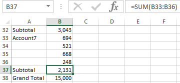 Excel section showing individual values B33 through B36 totaling 2131 and the subtotal in B37 also showing 2131