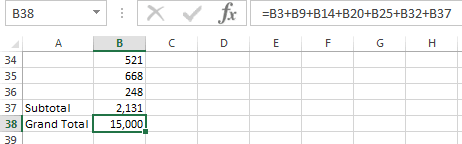 Excel formula bar showing a long manual formula summing individual subtotal cells for the grand total