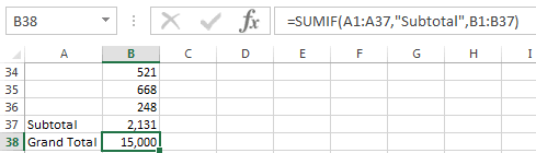 SUMIF formula in Excel that sums values where column A contains the word Subtotal