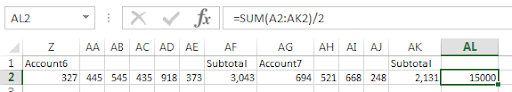 Same data arranged horizontally with the =SUM/2 formula producing the same grand total result