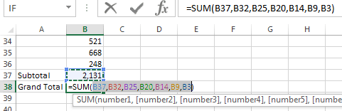 Excel formula created by ALT+= shortcut automatically detecting and summing all subtotal cells