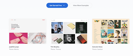 Adobe Portfolio features page showing coding-free design and responsive layout capabilities