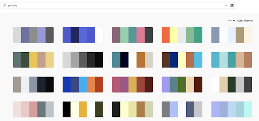 Adobe Color website showing portfolio-themed color palettes for design inspiration