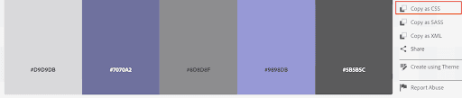 Adobe Color palette with CSS color values ready to copy for web design customization