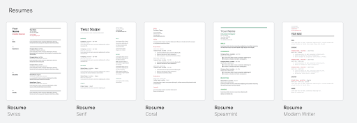 Google Docs template gallery showing resume templates available for professional use