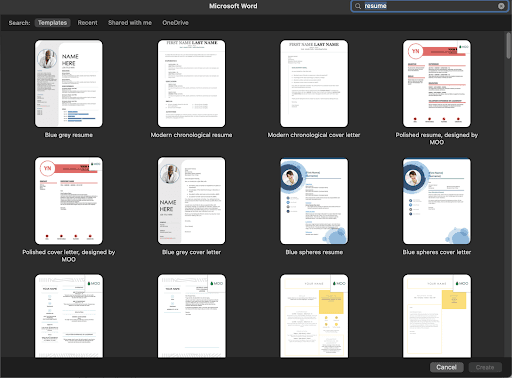 Microsoft Word New From Template dialog showing resume and cover letter templates