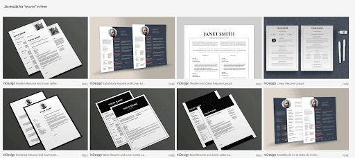 Adobe Stock search results showing free resume templates editable in Illustrator or InDesign