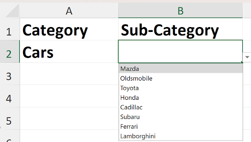Cascading data validation with Cars selected in A2 showing car brands in B2 dropdown