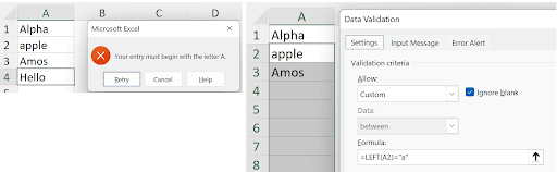 Data Validation Custom formula restricting entries to begin with a specific letter