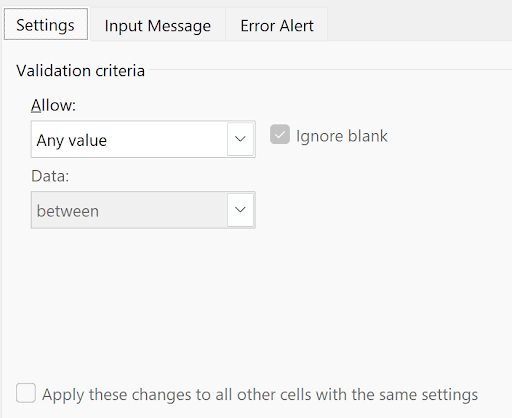 Data Validation Settings tab showing the Apply these changes to all other cells with the same settings checkbox