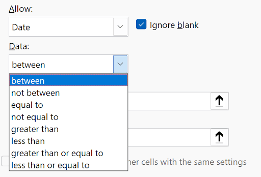 Data Validation Settings tab showing Date restriction with various comparison operators available