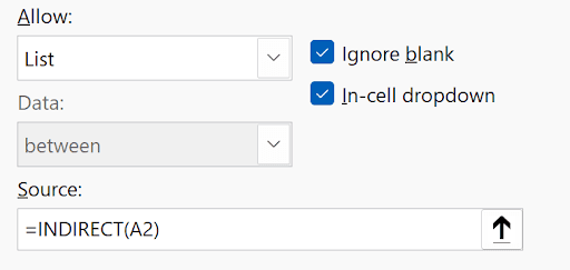 Data Validation Settings tab showing INDIRECT function formula for cascading dropdown lists