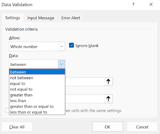 Data Validation Settings tab showing Whole number restriction with Between operator and two value fields