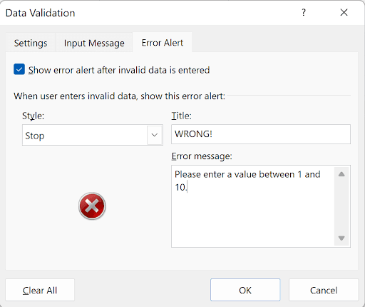 Data Validation Error Alert tab with custom error title and message configured
