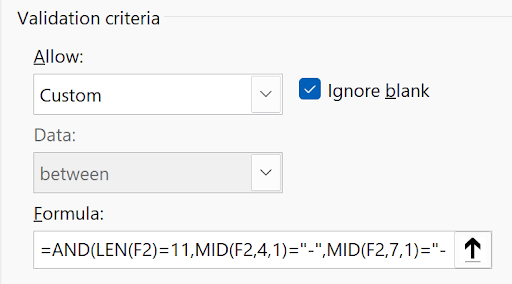 Data Validation Custom formula for validating Social Security number format with dashes and digits