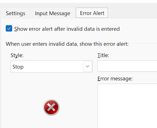 Data Validation Error Alert tab showing Stop, Warning, and Information style options