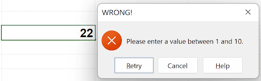 Custom error alert dialog displayed when an invalid value is entered in a validated cell