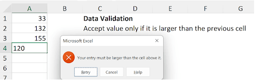 Data Validation Custom formula ensuring each value is larger than the previous cell value