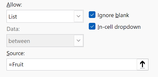 Data Validation Settings tab with List source using a named range reference