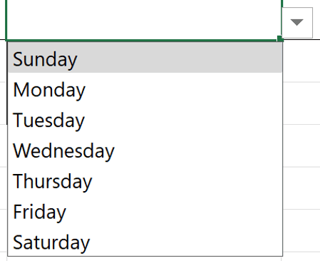 Excel cell showing a dropdown list created by data validation with typed comma-separated values