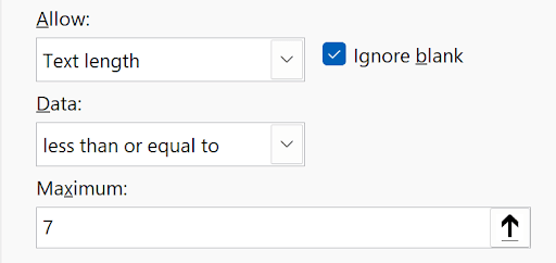 Data Validation Settings tab configured for Text Length restriction with specific length limits