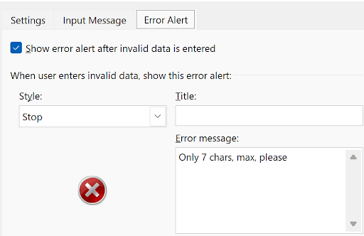 Data Validation Error Alert tab configured for the text length restriction