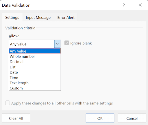 Data Validation dialog showing the Settings tab with restriction options like Whole number, Decimal, List, and Date