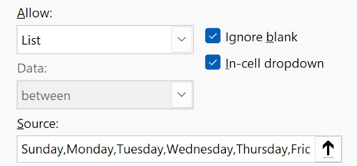 Data Validation Source field with comma-separated values typed in for a dropdown list