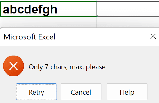 Excel cell showing a data validation error for text length exceeding the allowed maximum