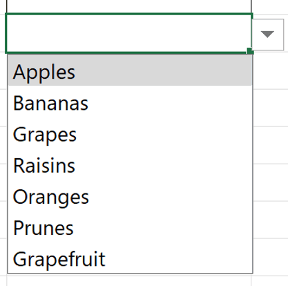Excel cell dropdown showing values populated from a named range in data validation