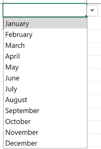 Excel cell dropdown showing month names populated from a cell range reference in data validation