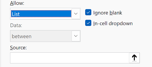 Data Validation Settings tab showing the List option with a Source field for dropdown items