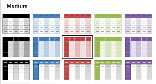 Screenshot of Excel’s ‘Medium’ table style gallery, displaying multiple colored style previews arranged in a grid (e.g., black, blue, red, green, and purple headers or banded rows). Each preview shows how the header row and data rows would appear in that specific style.