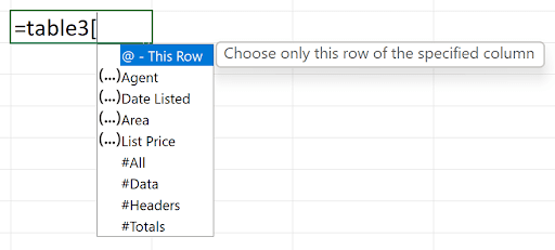 Screenshot of an Excel cell where a formula starts with ‘=table3’. A dropdown list appears beneath, showing options such as ‘@—This Row’ (with tooltip ‘Choose only this row of the specified column’), ‘(Agent)’, ‘(Date Listed)’, ‘(Area)’, ‘(List Price)’, ‘#All’, ‘#Data’, ‘#Headers’, and ‘#Totals’.