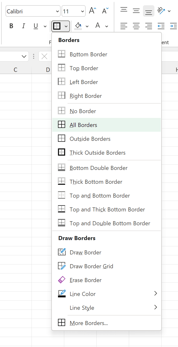 Excel Borders dropdown menu showing All Borders option to restore gridlines on colored fills
