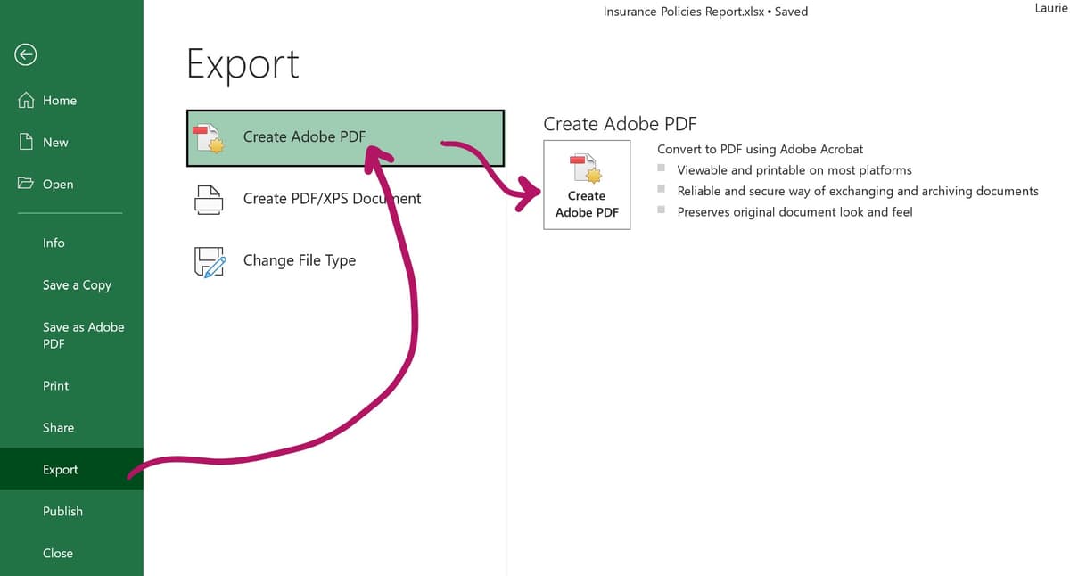 Excel Export tab showing Create PDF/XPS Document option for sharing the report as a PDF