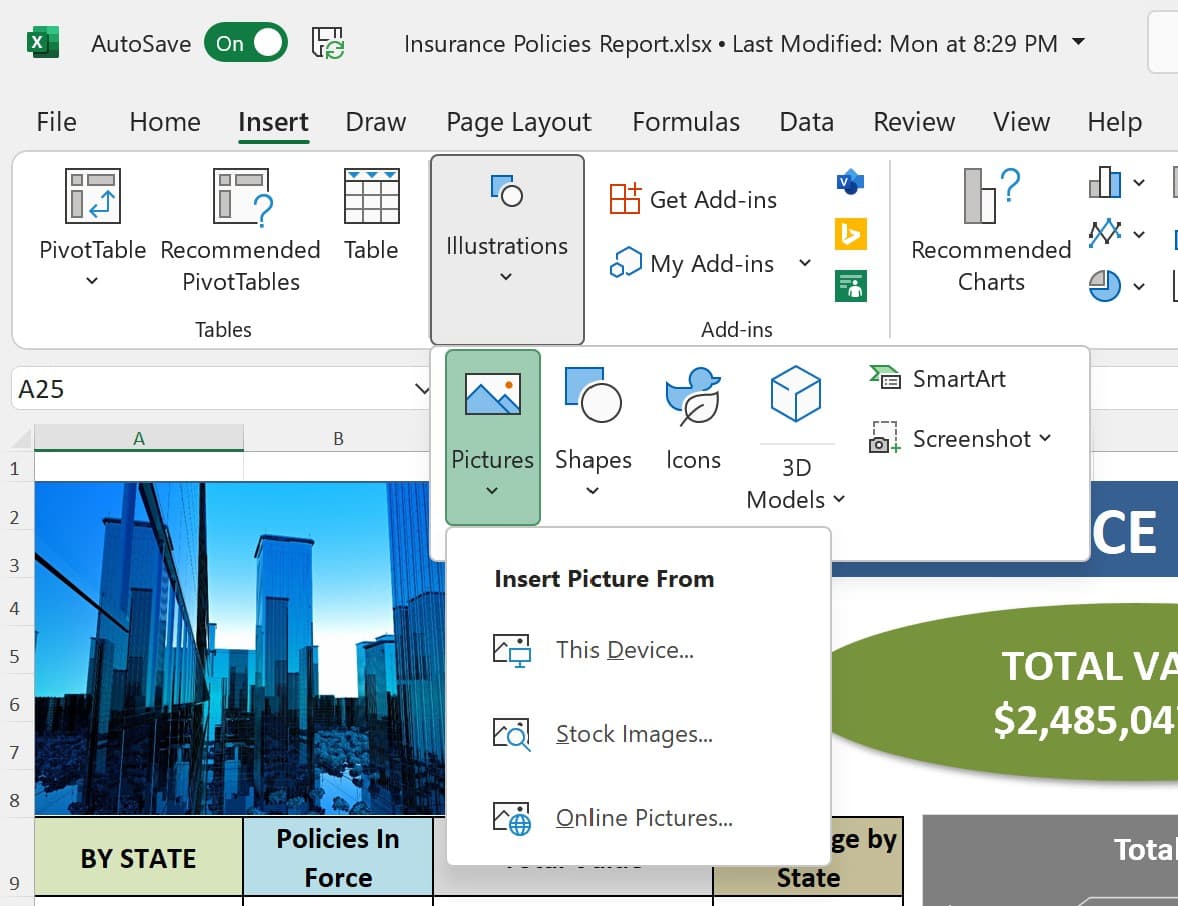 Excel Insert Pictures dialog showing options to add photos from device or online sources