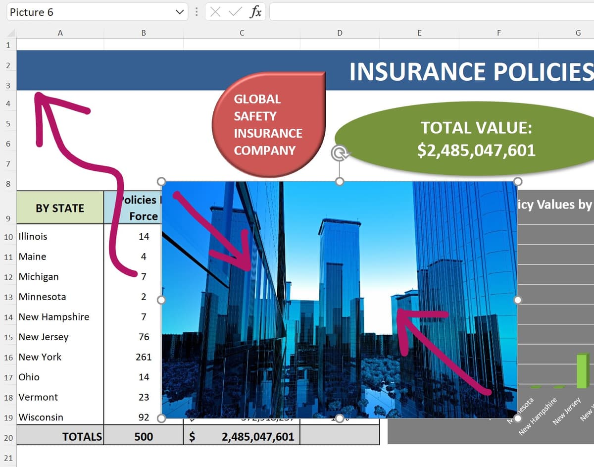 Photo inserted in an Excel worksheet being repositioned and resized for the report layout