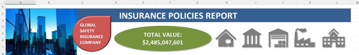 Excel report using shapes as text boxes and icons to highlight key totals and building types