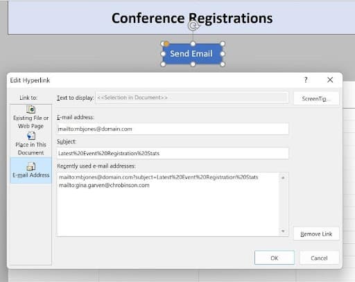 Screenshot of an ‘Edit Hyperlink’ dialog box in a presentation software, showing a mailto link with the subject 'Latest Event Registration Stats' and a 'Send Email' button for conference registrations.