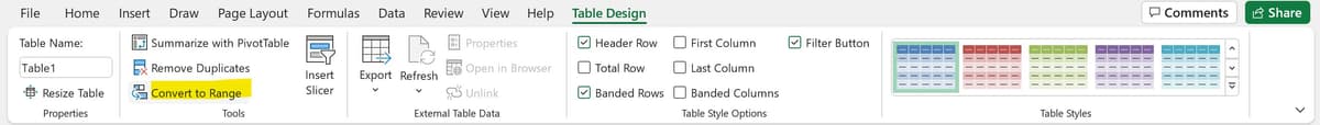 Screenshot of the Table Design tab in Microsoft Excel, showing options like Summaries with PivotTables, Convert to Range, and a selection of table style presets in the ribbon.
