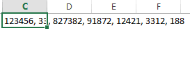 Screenshot of an Excel worksheet row where cell C displays '123456,33, ' followed by other cells containing multiple numeric values (827382,91872,12421,3312,188) in adjacent columns.