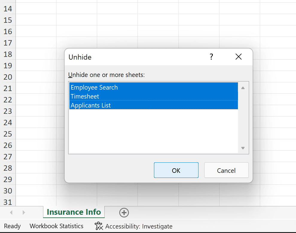 Screenshot of an Excel worksheet with the 'Unhide' dialog box open, displaying three hidden sheets: 'Employee Search, ' 'Timesheet, ' and 'Applicants List.'