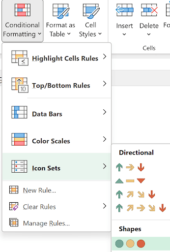 Screenshot of Microsoft Excel’s Conditional Formatting dropdown menu displaying options like Highlight Cells Rules, Top/Bottom Rules, Data Bars, Color Scales, and Icon Sets (including directional arrows and shapes).