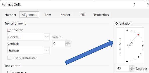 Screenshot of the 'Format Cells' dialog box in Microsoft Excel with the 'Alignment' tab selected, showing text alignment options and an orientation dial, with a blue arrow indicating the text rotation control.