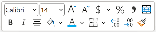 Formatting Cells In Excel example showing the mini toolbar looks like this: